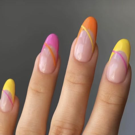 Red And Yellow French Tip Nails, Orange And Yellow French Tip Nails, Pink And Orange French Nails, Orange Pink Yellow Nails, Pink Yellow And Orange Nails, Pink Orange And Yellow Nails, Spring French Tips, Yellow Orange Nails, White French Tips With Glitter