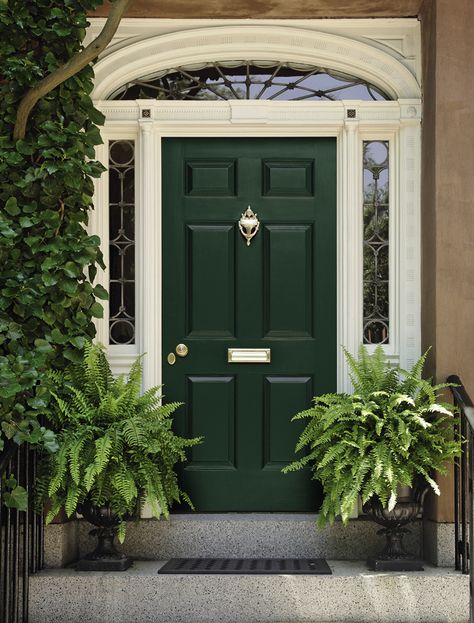 Racing Green - Colours - Sandtex 10 Year Exterior Gloss | Crown Paints Green Front Door, Front Door Plants, Black Front Door, House Castle, Exterior Entry Doors, Traditional Front Doors, Green Front Doors, Black Front Doors, Door Paint Colors