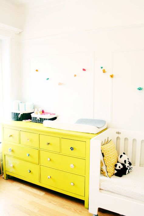 Old ikea dresser painted and used as dresser/changing table Ikea Nursery Hack, Yellow Dresser, Ikea Baby, Ikea Nursery, Diy Crib, Yellow Furniture, Doll House Wallpaper, Ikea Dresser, Ikea Bookshelves