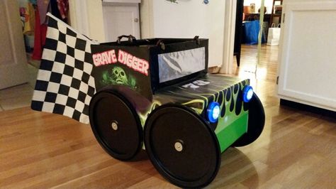 Monster Truck Cardboard Box Car, Valentines Box Monster Truck, Grave Digger Valentines Boxes, Monster Truck Valentine Box Ideas, Monster Truck Valentines Boxes Boys, Cardboard Monster Truck, Grave Digger Costume, Monster Truck Halloween Costume, Monster Truck Valentine Box