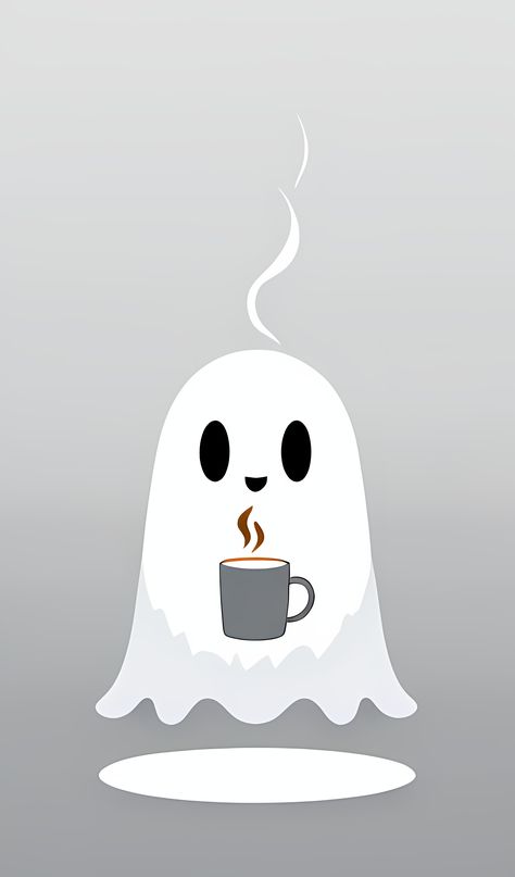 A serene ghost, with a gentle and heartwarming expression, enjoys a steaming mug of coffee. The minimalist background accentuates the ethereal feel, creating a scene that's both cozy and spectral. #GhostlyBrew #MorningPhantom #EtherealEspresso #SteamedSpecter #CozyHaunt Halloween Coasters, Minimalist Background, Ghost Coffee, Mug Of Coffee, Ghost Drawing, Ghost Tee, The Minimalist, Coffee Love, Wallpaper Iphone Cute