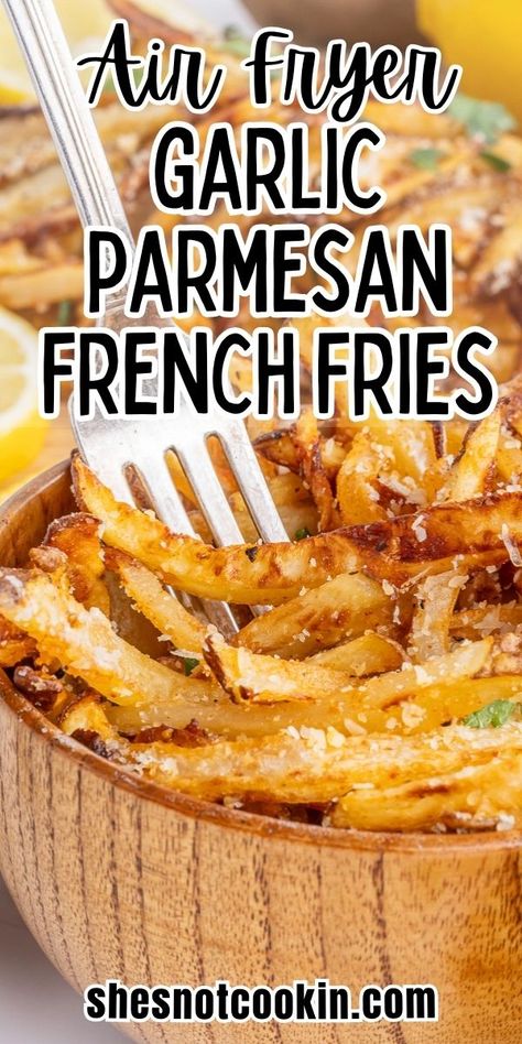 Air fryer garlic parmesan french fries in bowl with fork. Garlic Parmesan French Fries, Parmesan French Fries, Tasty Potato Recipes, Easy Air Fryer Chicken, Best French Fries, Garlic Parmesan Fries, Air Fryer Garlic, Air Fryer French Fries, Air Fryer Chicken Tenders