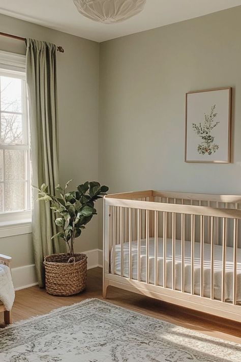 A calming nursery featuring a mix of beige and cream tones. The room includes a cream-colored crib, beige curtains, and a plush rug. The walls are a soft, neutral shade, and the space feels warm and welcoming with soft natural light. Nursery Colours Neutral, Walnut Nursery Decor, Small Nursery Guest Room, Soothing Nursery Ideas, Neutral Nursery Minimalist, Master And Nursery Shared, Minimal Neutral Nursery, Neutral Sage Green Nursery, Nursery Room Gender Neutral