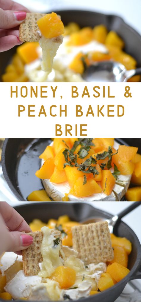 Brie Peach Appetizer, Brie With Peaches, Baked Brie With Peaches, Summer Brie Recipes, Peach Appetizer Recipes, Peaches And Brie, Summer Baked Brie, Brie Baker Recipes, Bbq Brie