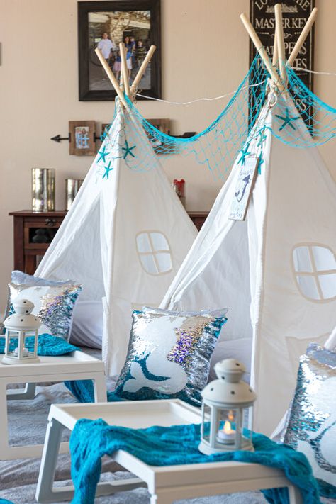 Mermaid Teepee Sleepover, Mermaid Sleepover Party, Mermaid Pajamas, Sleepover Tents, Teepee Party, Backyard Movie, Sleepover Birthday Parties, Mermaid Party Decorations, Pamper Party