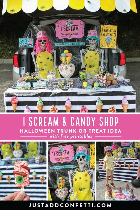 This spooktacular I Scream and Candy Shop trunk or treat display is so much fun! With the ideas, inspiration and free printables you can easily recreate it this season too! #halloween #trunkortreat #JustAddConfetti #freeprintables Halloween Ice Cream Party, Skeleton Theme, Halloween Ice Cream, Party Colors, Scream Halloween, Halloween Traditions, Halloween Treat Bags, Halloween Diy Crafts, Trunk Or Treat