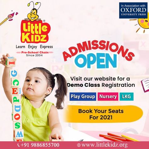 Need a playschool for your kidz? Little kids, is the best place for nursery kidz. They know exactly how to make a child studious and for them, it will be fun. How to make a child's future bright ?? The answer is Little Kidz. Admissions open, visit our website for a demo class registration. Enroll now!! Visit: www.litllekidz.com Contact us: +91 9886855700 #LittleKidz #OxfordUniversity #AdmissionsOpen #DemoClass #EnrollNow #Learn #Enjoy #Express #PreSchool #NurserySchooling #Study #BrightFutur Preschool Admission Open Poster, Kindergarten Poster Design, Preschool Creative Ads, Canva Course, Kindergarten Posters, Pre Primary School, Conference Poster, Admissions Poster, Education Banner