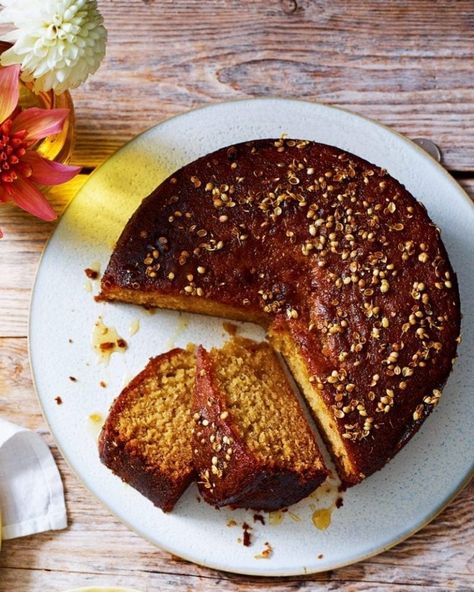 Gill Meller's vibrant orange honey cake uses spelt flour for a more wholesome and nutty taste. The orange syrup adds sweetness. Orange Honey Cake, Orange Polenta Cake, Polenta Cake, Cardamom Cake, Coriander Seed, Orange Honey, Polenta Cakes, Orange Syrup, Delicious Magazine