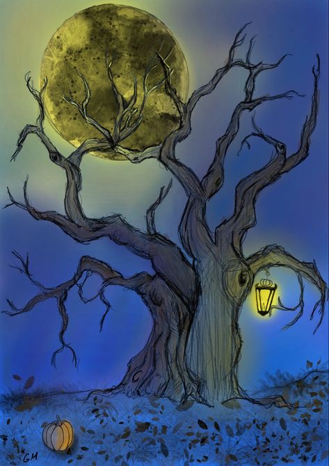 #art #drawing #tree #halloween #fall #halloweendrawing #dark #spooky #nightdrawing Creepy Trees Drawing, Spooky Woods Tattoo, Dark Tree Drawing, Spooky Moon Drawing, Halloween Tree Painting, Horror Tree Drawing, Haunted Tree Drawing, Spooky Tree Painting, Poison Tree Drawing