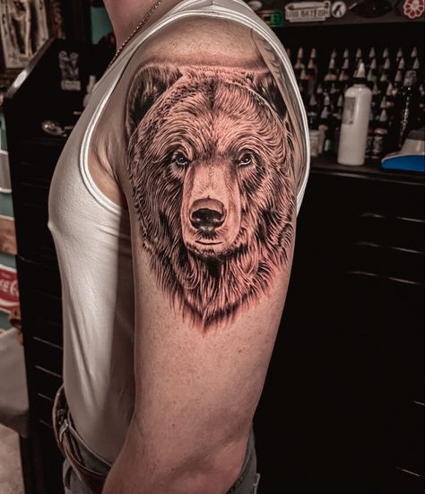 Realistic bear tattoo Bear Shoulder Tattoo Men, Bear Shoulder Tattoo, Realistic Bear Tattoo, Bear Face Tattoo, Bear Head Tattoo, Jungle Sleeve, Bear Tattoos For Men, Grizzly Bear Tattoos, Bear Claw Tattoo