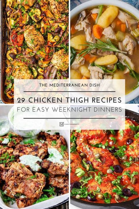 The Mediterranean Dish Baked Chicken Thighs Boneless Skinless, Baked Chicken Thighs Boneless, Chicken Thigh Stew, Mediterranean Diet Chicken, Chicken Thighs Boneless Skinless, Best Chicken Thigh Recipe, Galveston Diet, Chicken Barbecue, Chicken Couscous