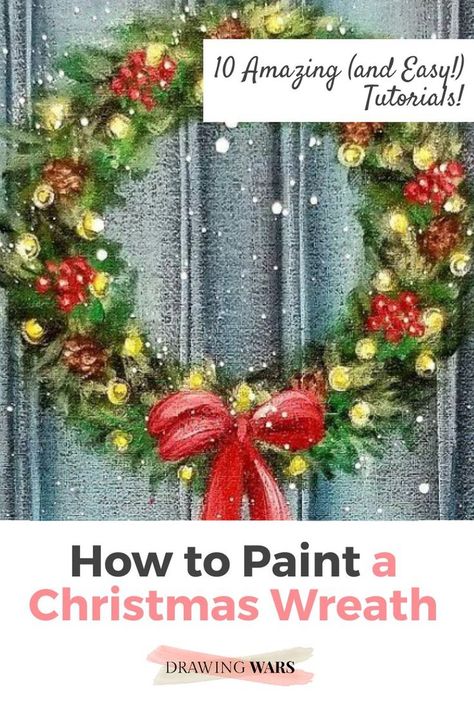 Painting Wreaths On Canvas, Paintings Of Christmas Wreaths, Christmas Wreath Painting, Watercolor Christmas Wreath, How To Spray Paint, Christmas Card Tutorials, Paint Christmas, Wreath Drawing, Easy Christmas Wreaths