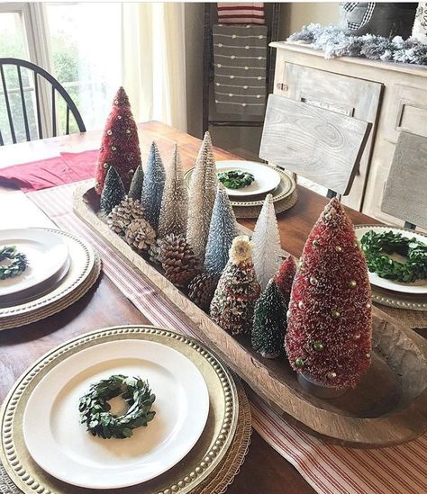 Christmas Bottle Brush Trees | Addy Rose Interiors Christmas Nostalgia, Bottle Brush Christmas Trees, Tree Centerpieces, Brush Trees, Brush Tree, Vintage Bottle, Christmas Tablescapes, Bottle Brush Trees, Christmas Table Settings