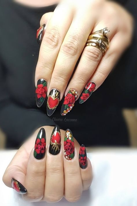 30 Rose Nail Designs That Will Leave Everybody In Awe Red Nail With Black Design, Red Roses Nail Art, Black Nails With Red Roses, Black Rose Nail Design, Black Nails With Roses, Red Nails With Roses, Red Rose Nail Design, Red Roses Nails, Black Rose Nails