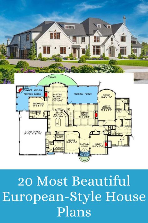 Dreaming of timeless elegance and old-world charm? Discover 20 stunning European-style house plans that blend classic sophistication with modern comforts for your perfect home inspiration. Celebrity Houses Mansions, European Style House Plans, Loft Floor Plan, Castle Plans, Home Office Closet, Grand Kitchen, Balcony Flooring, Porch House Plans, Kitchen Desks