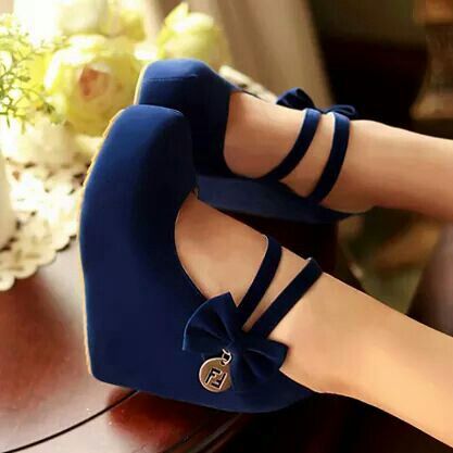 Super cute Navy Blue Wedges, Hak Tinggi, Mary Jane High Heels, Cheap Shoes Online, Kawaii Shoes, Prom Heels, Fancy Shoes, High Heel Wedges, Girly Shoes