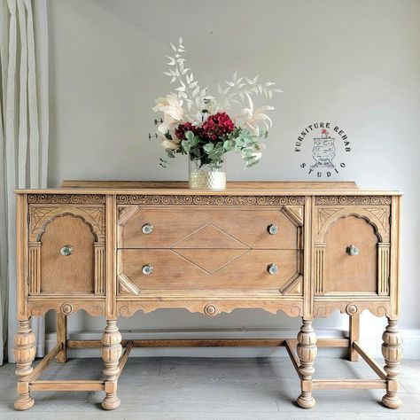 Antique Jacobean Style Buffet  Experience the epitome of luxury and sophistication with the best quality, uniquely customized natural wood furniture, ideal for any style-conscious homeowner. ✨️  This antique oak buffet server boasts ornate carvings, turned legs, and quality fabric-lined drawers and cabinets, making it a standout piece in any room. Vintage bronze and glass knobs add a touch of elegance, perfect for those who appreciate refined features. This is a rare finish, possible to achieve only on a limited amount of antique pieces, requiring specialized tools and a crazy amount of patience 😁 If you're looking to furnish your home with exceptional, exquisite, top-notch furniture, this one is for you! 👌 Measures 66L x 22D x 40H Shipping is included in the price of this item. Rehab Furniture, Oak Buffet, Jacobean Style, New Egypt, Natural Wood Furniture, Antique Buffet, Lined Drawers, Refinishing Furniture Diy, Vintage Buffet