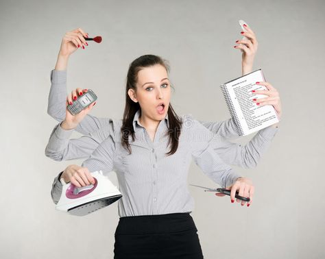 Woman multitasking her work. Young attractive brunette with six arms multitasking her work, gray backgound royalty free stock photos Multitasking Woman, Voluminous Ponytail, Brain Boost, Stock Photos Woman, Hand Images, Healing Therapy, Alternative Therapies, Multi Tasking, Super Powers