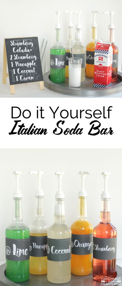 Italian Cream Soda Bar, complete with recipes to make your own syrups AND free printable labels for the syrup bottles. An easy non-alcoholic drink to serve at parties, weddings, showers and events! Non Alcoholic Drink Bar Wedding, Italian Cream Soda Bar, Dessert Night, Italian Soda Bar, Office Potluck, Italian Cream Soda, Soda Syrup, Soda Bar, Italian Cream