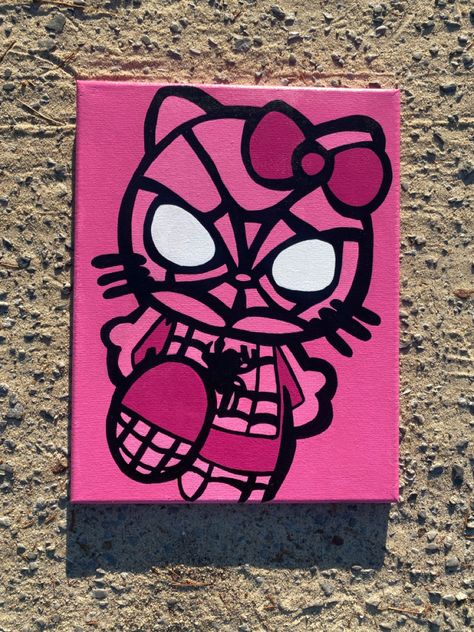 Trippy Hello Kitty Painting, Hello Kitty Painting Y2k, Pink Art Canvas, Easy Canvas Painting Trippy, Pink Spiderman Painting, Canvas Painting Hello Kitty, Cute And Easy Canvas Paintings, Canvas Painting Ideas Hello Kitty, Hello Kitty Art Painting