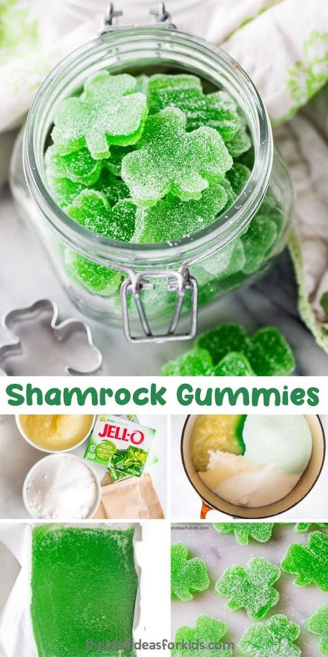 Make an easy St Patrick's day treat with these shamrock gummies! Such a fun and easy dessert for St Patrick's day using Jello. Gummies With Jello, St Patricks Food, St Patrick Day Snacks, Sant Patrick, Homemade Gummies, Jello Recipe, St Patrick Day Treats, Gummies Recipe, St Patricks Day Crafts For Kids