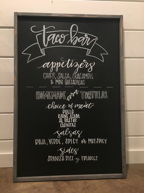 Wedding Taco Bar Menu Sign, Taco Bar Menu Sign, Taco Bar Chalkboard Sign, Taco Chalkboard Sign, Wedding Street Tacos, Taco And Nacho Bar, Nacho Bar Wedding, Bar Chalkboard Sign, Bar Sign Ideas