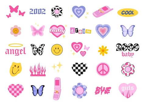 Y2k style icons. Glamorous trendy doodles set. 90s and 2000s style. Vector Doodles Y2k, Creative Collage Ideas, Angel Baby Girl, School Doodles, 2000s Icons, Y2k Stickers, Y2k Icons, Instagram Stickers, Estilo Y2k