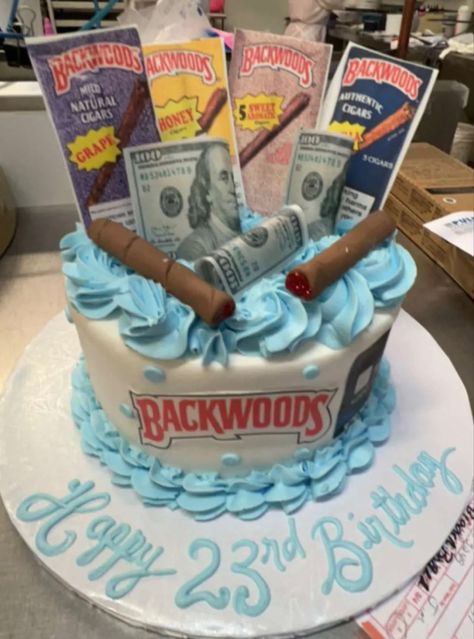 23 Birthday Ideas Men, 21st Birthday Money Cake, Funny 21st Birthday Cake For Guys, Boyfriend Birthday Cake Ideas, Backwoods Cake, Money Cake Ideas For Men, 21st Birthday Cakes For Men, Backwood Birthday Cake Ideas, Cake Ideas For Boyfriend