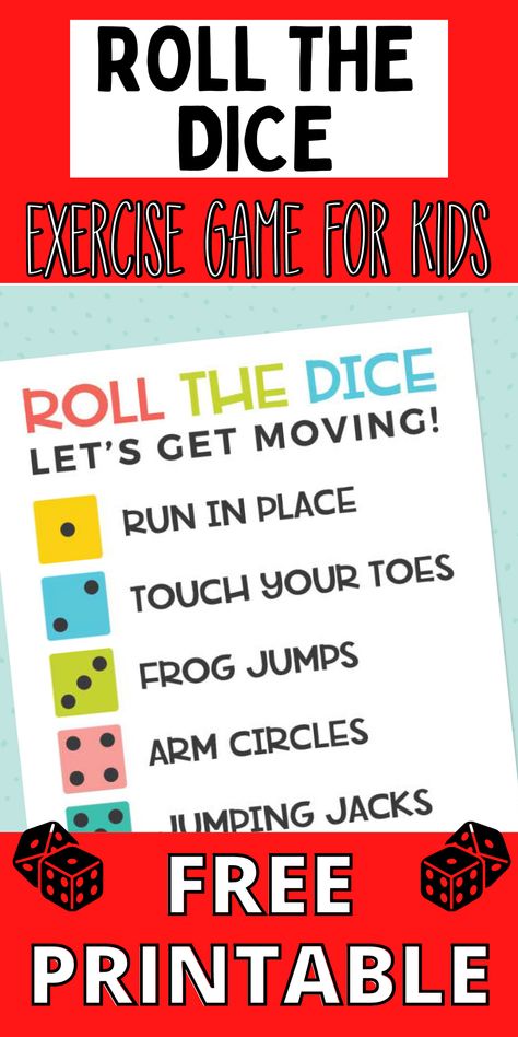 Exercise tips for kids! How to get kids to get up and move their body. Fun movement games for kids! Fun dice game for kids. Free printable kids game! Preschool Movement Activities, Physical Activities For Kids, Kids Moves, Roll The Dice, Movement Activities, Daycare Activities, Au Pair, Stuck Inside, Workout Games