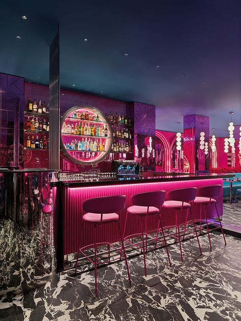 Cocktail Lounge Design, Small Club Design, Pop Bar Design, Night Club Design Interior, Disco Bar Design, Neon Bar Design Ideas, Luxury Night Club Interior Design, Bar Counter Design Home, Pink Nightclub Aesthetic