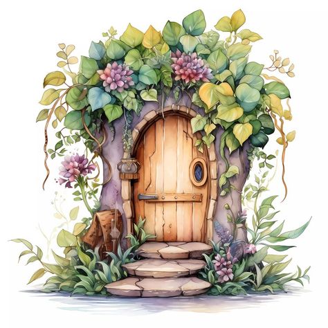 Rustic Doors, Fairy Door, Fairy Doors, Door Stickers, Digital Watercolor, Watercolor Rose, Fairy Houses, Textile Artists, Wooden Doors