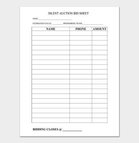 FREE Silent Auction Bid Sheet Templates Silent Auction Forms Free, Silent Auction Forms, Silent Auction Check Out, Silent Auction Rules, Silent Auction Bid Sheets Printable Free, How To Do A Silent Auction, Silent Auction Sheets Template, Silent Auction Sign Up Sheet, Free Silent Auction Bid Sheets Template