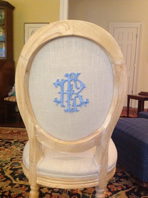 chair. - love it! French Country Dining Room Chairs, Hart Interiors, Chair Embroidery, Monogram Chair, Fabric Coffee Table, Upholstery Fabric Ideas, Upholstery Trends, Machine Embroidery Ideas, Upholstery Armchair