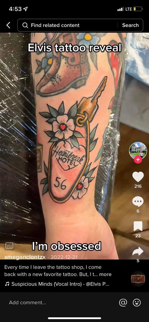 Wayne’s World Tattoo, Hotel Key Tattoo, Traditional Elvis Tattoo, Elvis Presley Tattoo Ideas Small, Elvis Tattoo For Women, Elvis Tattoo Ideas, Elvis Inspired Tattoos, American Traditional Western Tattoo, Elvis Presley Tattoo