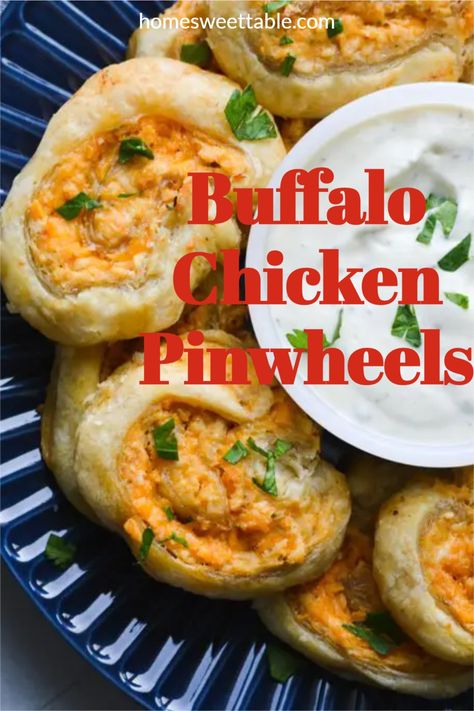 Buffalo Chicken Pinwheels are an easy appetizer perfect for entertaining or game day! With spicy buffalo chicken dip wrapped in buttery, flaky puff pastry for a delicious handheld snack. Buffalo Chicken Dip Cups, Buffalo Chicken Pastry Puffs, Buffalo Chicken Appetizers For Party, Buffalo Chicken Phyllo Rolls, Puff Pastry Buffalo Chicken, Buffalo Chicken Puff Pastry, Spicy Appetizer Recipes, Buffalo Chicken Wing Dip, Buffalo Chicken Pinwheels