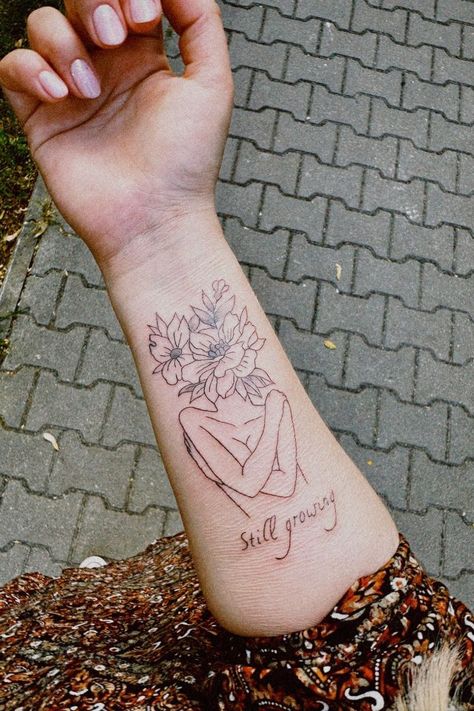 Dont Rush Your Growth Its A Natural Process Tattoo, Self Growing Tattoo, Growth And Healing Tattoo Ideas, Grow Your Mind Tattoo, Woman Growing Tattoo, Self Love With Flowers Tattoo, Tattoo Showing Growth, Daring Greatly Tattoo, Never Stop Growing Tattoo