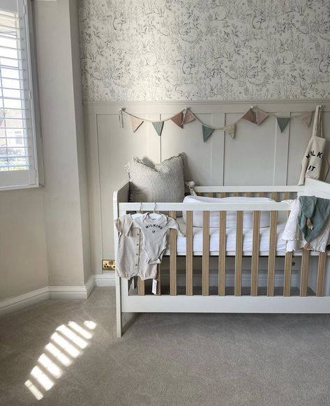 Tongue And Groove Nursery, Neutral Nursery Panelling, Sloped Ceiling Nursery, Nursery Panelling And Wallpaper, Panelled Nursery, Nursery Panelling, Boys Nursery Ideas, Nursery Decor Wallpaper, Nursery Colours