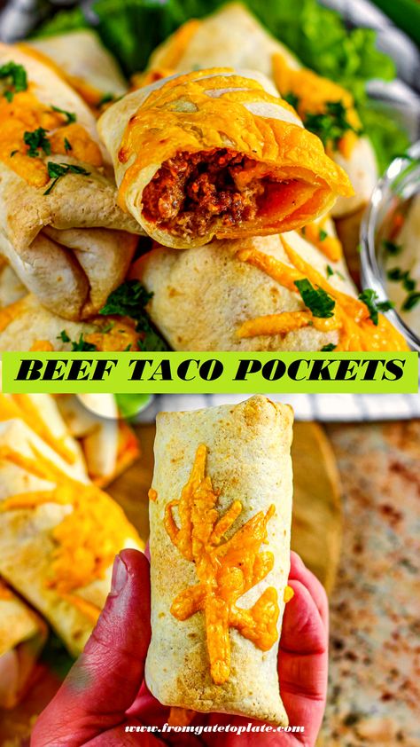 Cheesy Beef Taco Pockets 12 Tomatoes, Taco Pockets Tortillas, Taco Pockets, Types Of Snacks, Beef Taco, Be Simple, Snack Foods, Tacos Beef, Easy Dinners