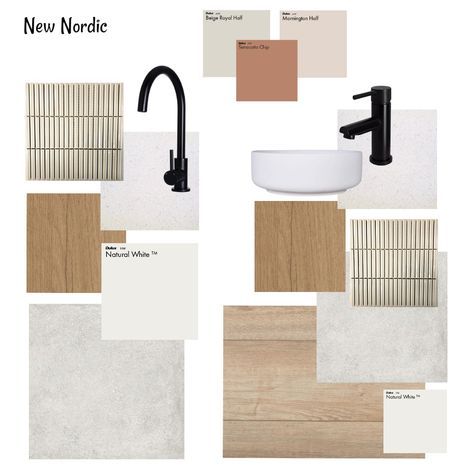 New Nordic Internal Colour Scheme Laminex Planked Urban Oak, Bathroom Interior Mood Board, Kitchen Sample Board Interior Design, Colour Scheme Bathroom, Bathroom Tiles Mood Board, Bathroom Nordic Style, Scandinavian Fireplace Nordic Design, Colour Scheme Interior Design, Kitchen Moodboard Interior Design