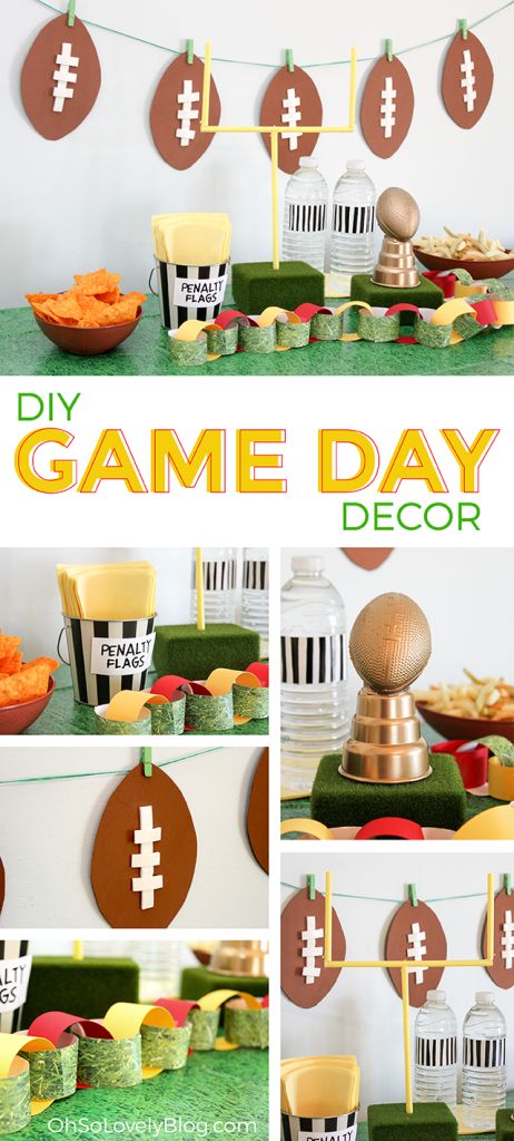 Oh So Lovely Blog DIY Super Bowl Football Party decor tutorials Baby Birthday Party Games, Superbowl Outfits, Diy Super Bowl, 1st Birthday Games, Kids Sports Party, Superbowl Party Decorations, Football Watch Party, Super Bowl Decorations, Football Super Bowl