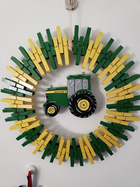 Tractor Diy Crafts, Close Pins Crafts, 4 H Project Ideas Unique, Clothes Pin Wreath Diy, 4 H Project Ideas, 4h Project Ideas, Clothespin Wreath Diy, John Deere Crafts, Clothespin Wreaths