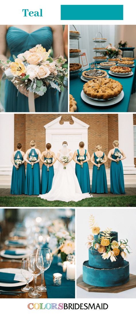 Fall Wedding Colors Palettes in Shades of Blue - Teal Blue Wedding. #colsbm #weddings #weddingideas #bridesmaids #bridesmaiddresses #tealwedding b1126 Teal Blue Wedding Decor, Teal Decorations, Teal And Gold Wedding, Wedding Colors Summer, Ice Blue Bridesmaid Dress, Teal Blue Weddings, Teal Wedding Colors, Mauve Bridesmaid, Fall Wedding Bridesmaids