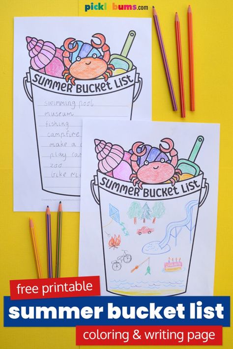 Free Printable Summer Bucket List Coloring Page  Kids of all ages will love colouring and adding ideas to these psummer bucket list drawing and writing printables. List Drawing, Printable Summer Bucket List, Kids Summer Bucket List, Space Crafts For Kids, Bee Crafts For Kids, Writing Printables, Paper Plate Crafts For Kids, Summer Writing, Construction Paper Crafts