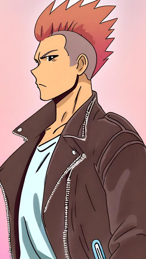 A man with Mohawk Hairstyle wearing a leather jacket, fashion editorial. Futuristic Anime, Mohawk For Men, Mohawk Hairstyle, Cybernetic Arm, Anime Portrait, Mohawk Hairstyles, Anime Character, Art Digital, The Man