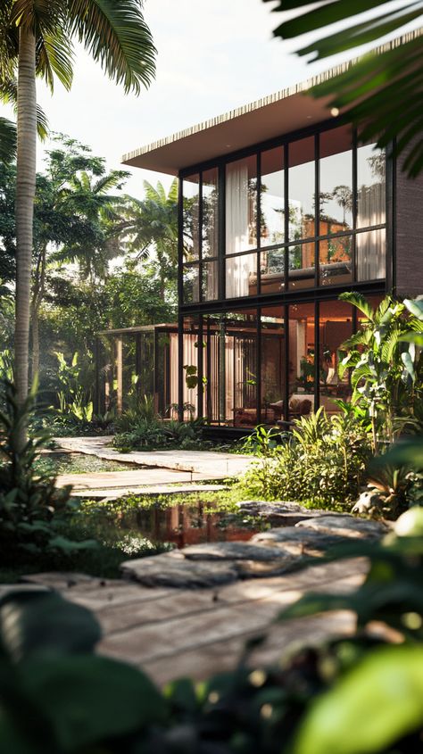 Tropical Garden Homes Paradise View Tropical Island House Exterior, Island House Tropical Exterior, Tropical Asian House, Tropical Home Exterior, Tropical Hillside House, Hawaii Architecture Traditional, Tropical House Design, Hawaiian Homes, House Essentials