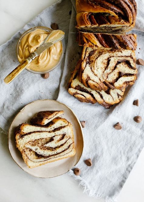 Chocolate Peanut Butter Babka - Wood & Spoon Babka Recipe, Peanut Butter Bread, Swirl Bread, Chocolate Babka, Braided Bread, Butter Bread, Swirled Bread, Homemade Cooking, Cinnamon Bread