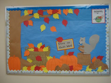 fall, tree & squirrel Prek Squirrel Crafts, Autumn Bulletin Board Ideas, Acorn Bulletin Board, Squirrel Bulletin Board Ideas, Fall Owl Bulletin Board Ideas, Computer Bulletin Boards, Board Ideas For Preschool, Bulletin Board Ideas For Preschool, Autumn Bulletin Board