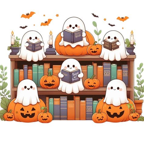 Cute Halloween Stickers, Ghost Reading Book, Bookish Halloween, Spooky Season Svg, Book Svg, Book Clip Art, Ghost Books, Halloween Wallpaper Cute, Digital Art Poster