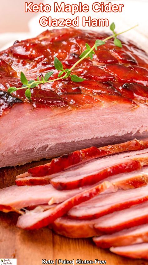 A sweet glazed ham that has been sliced on a cutting board. Keto Ham Glaze, Low Carb Holiday Recipes, Primal Living, Low Carb Pork, Ham Glaze Recipe, Keto Holiday, Glazed Ham, Ham Glaze, Low Sugar Recipes