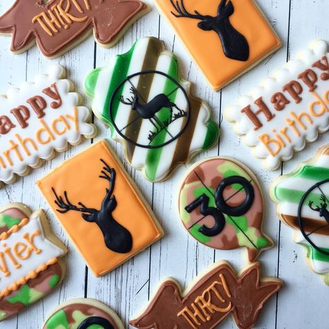 Bee Baby Shower Cookies, Camo Cookies, Hunting Birthday Party, Hunting Birthday, Hunting Themes, Cookie Decorations, Sugar Cookie Royal Icing, Themed Cookies, Hunting Party